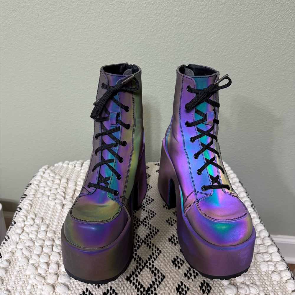 Demonia Camel 203 Platform holographic Ankle Boots